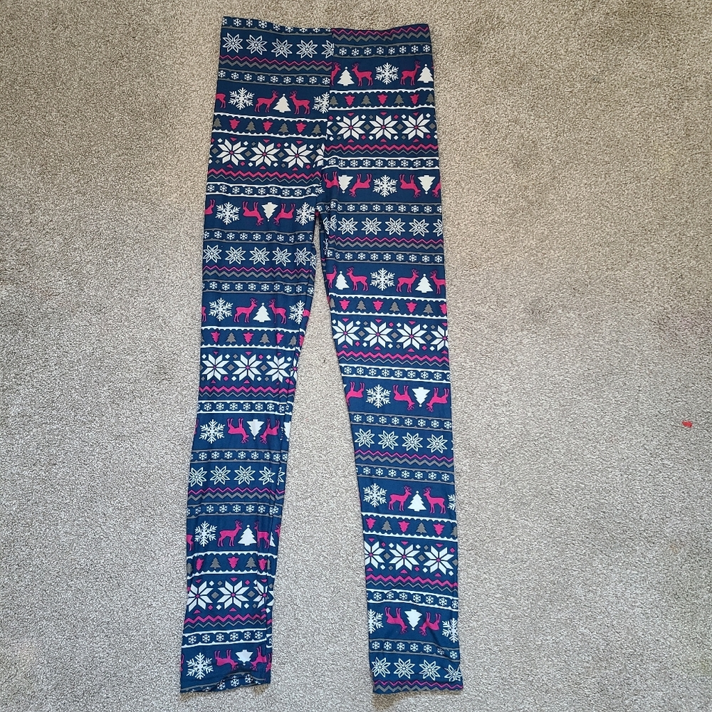 Navy Blue Holiday Print Snowflake Raindeer Leggings